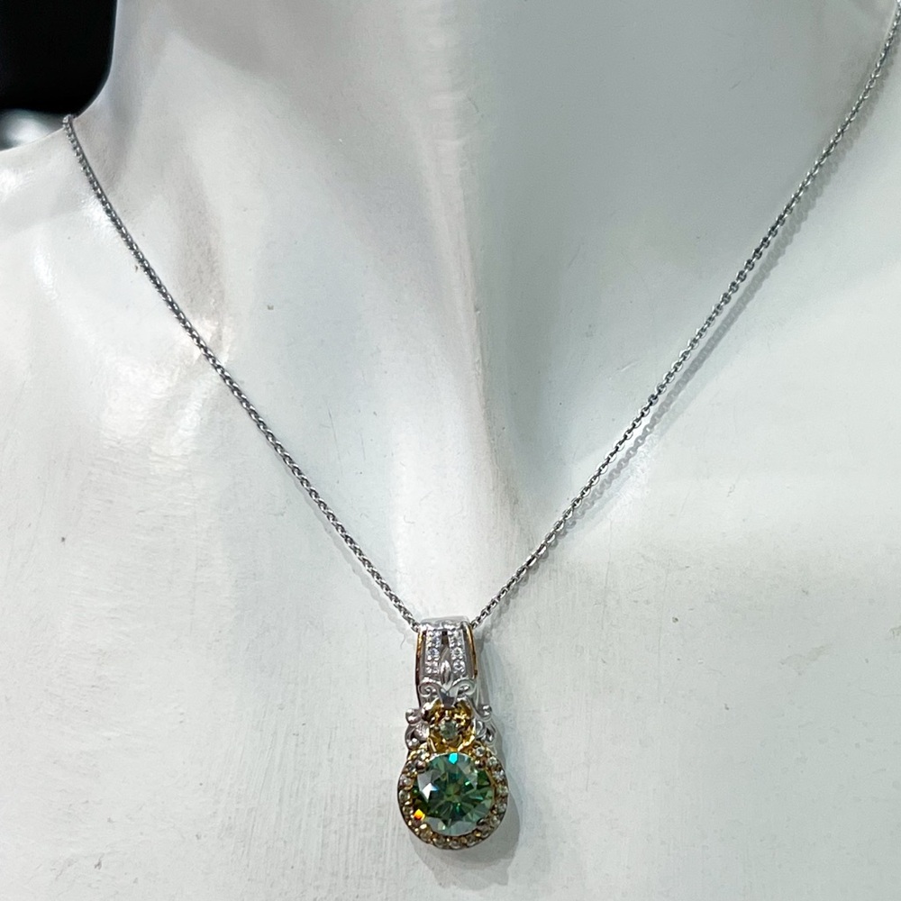 Green and White Moissanite Green Sapphire Sterling Silver Pendant 20” Necklace - Picture 2 of 11